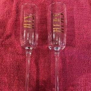 Rae Dunn set of his/hers champagne flutes with gold lettering